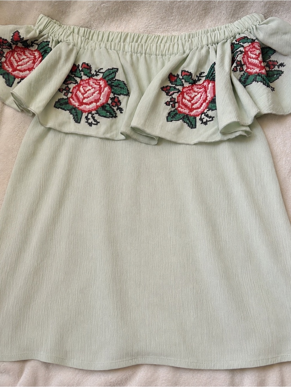 Mint Green Off Shoulder Embroidered Rose Peasant Top Boho Medium
